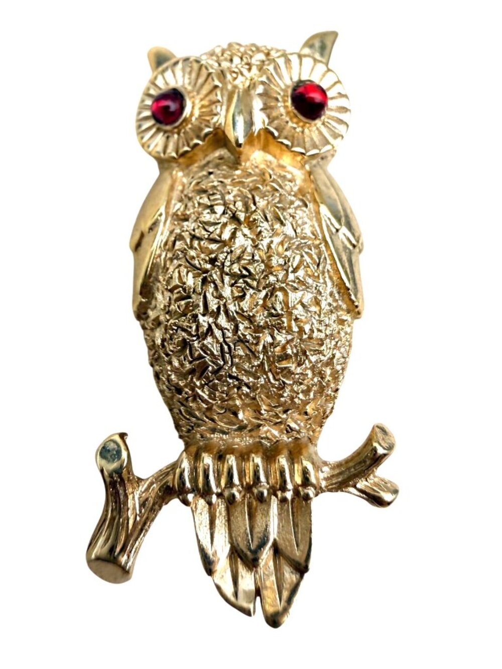 Crown Trifari Owl Brooch Vintage Gold-Tone Owl Red Rhinestone Eyes Textured Body - Picture 2 of 8